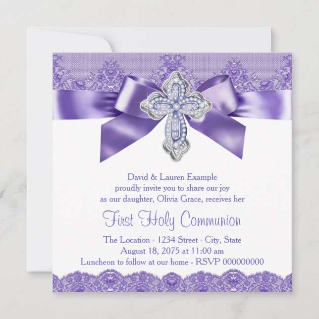 Invitation Première communion croix en dentelle violette (Devant)