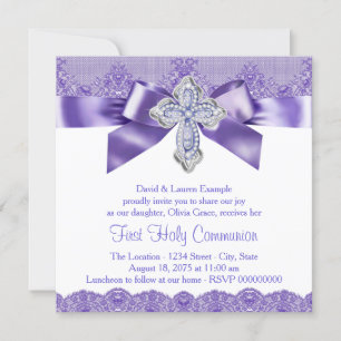 Invitation Première communion croix en dentelle violette