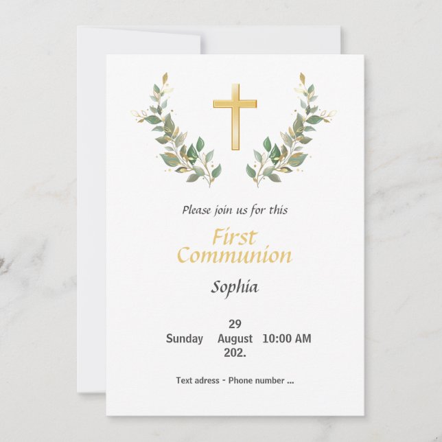 Invitation Première communion - Croix fleurie (Devant)