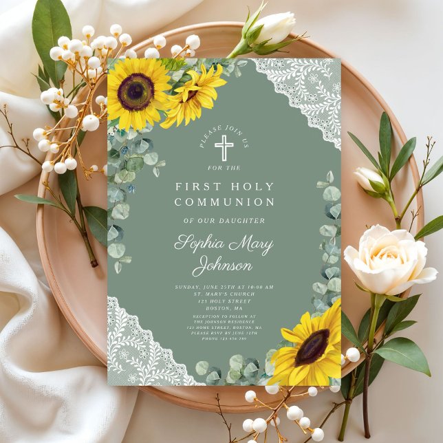 Invitation Première communion croix florale élégante (Elegant Floral Cross First Holy Communion Invitation)