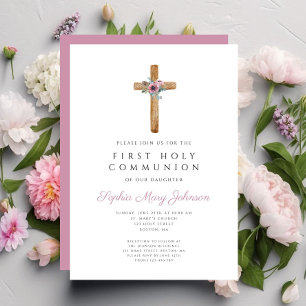 Invitation Première communion croix florale rose mignonne