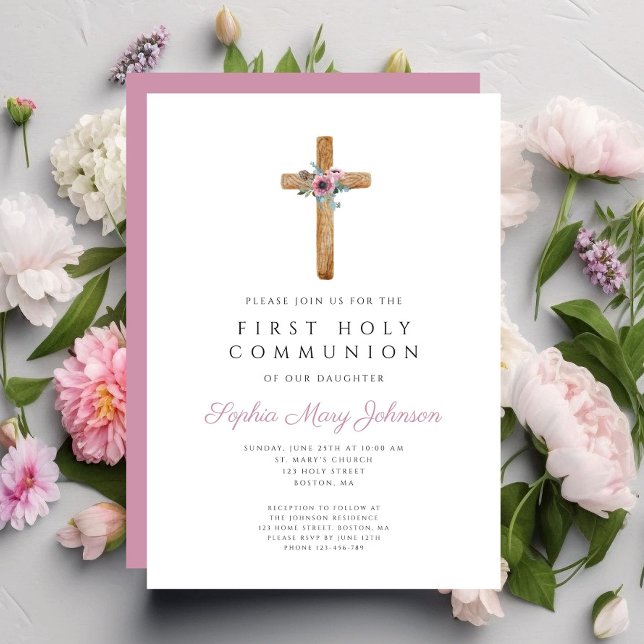Invitation Première communion croix florale rose mignonne (Cute Floral Pink Cross First Communion Invitation)