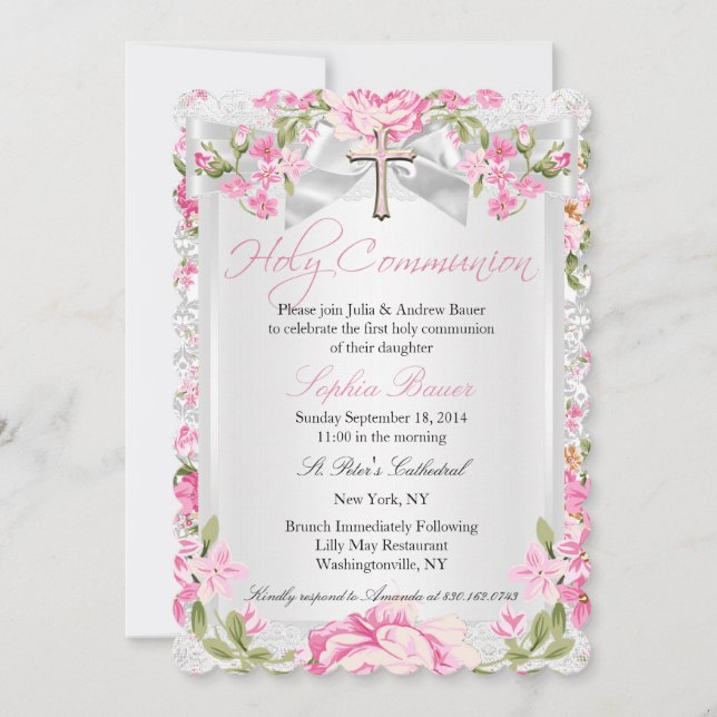 Invitation Première communion croix florale vintage rose (Devant)