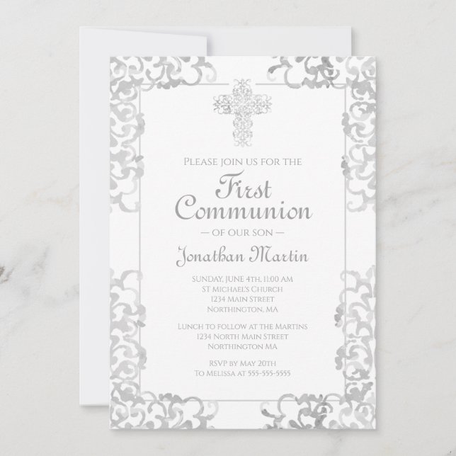 Invitation Première communion Croix gris Damask Christian Boy (Devant)