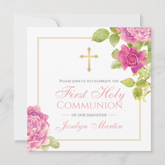 Invitation Première communion Croix or rose Roses Floral (Devant)