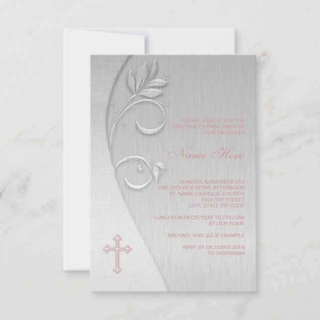 Invitation Première communion croix rose et grise (Devant)