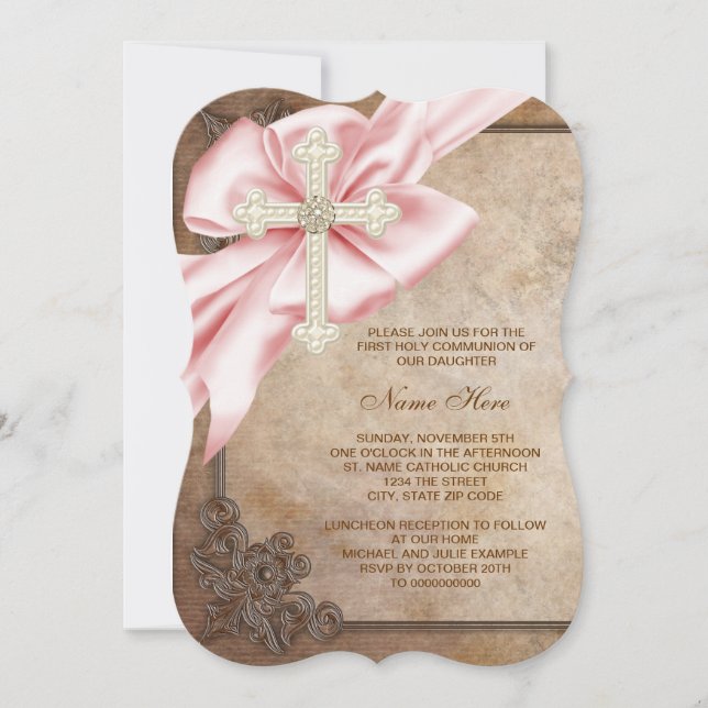 Invitation Première communion croix rose et marron (Devant)