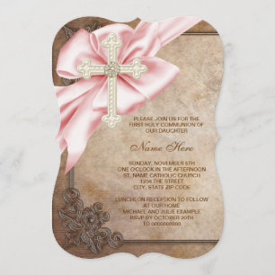 Invitation Première communion croix rose et marron