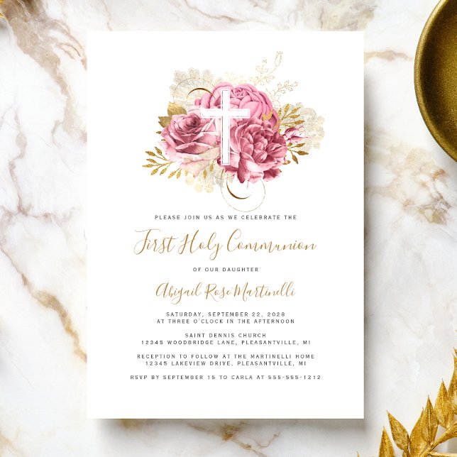Invitation Première communion croix rose or floral (Créateur téléchargé)