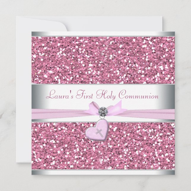 Invitation Première communion croix rose pailletée rose (Devant)