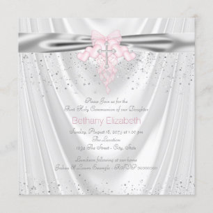 Invitation Première communion croix rose satin blanc pailleté