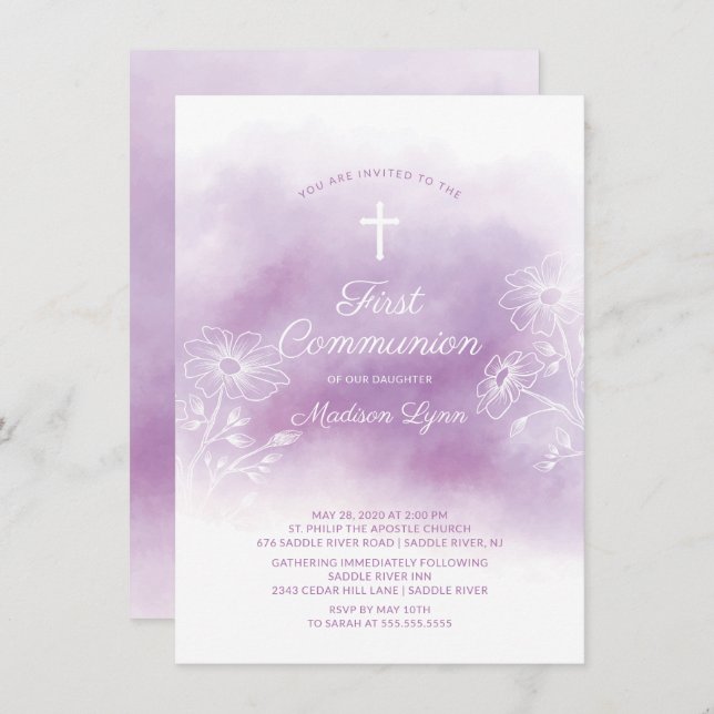 Invitation Première communion d'aquarelle pourpre (Devant / Derrière)