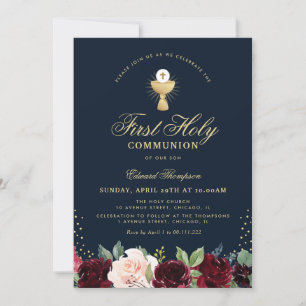 Invitation première communion de bleu floral de Bourgogne