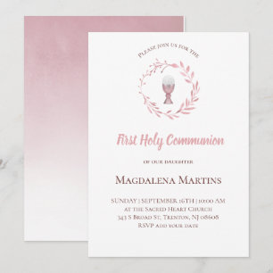 Invitation première communion de couronne d'aquarelle rose po