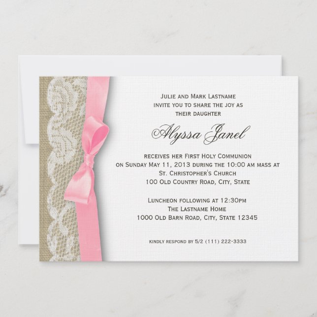 Invitation Première communion de dentelle blanche et de burla (Devant)