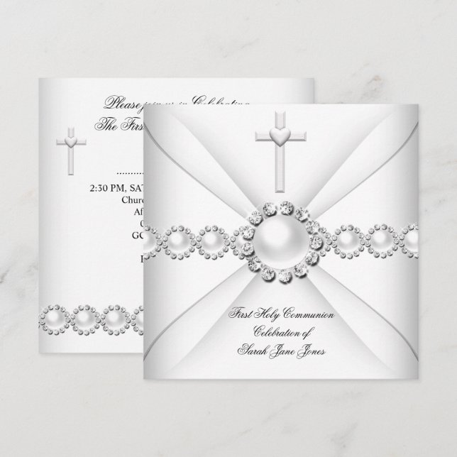 Invitation Première communion de fille Blanc Argent 2 (Devant / Derrière)