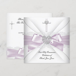 Invitation Première communion de fille cœur argent rose lilas