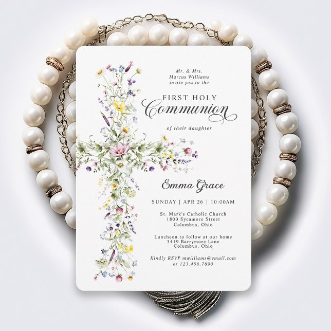 Invitation Première communion de fille Croix florale de fleur (Available in both printed and instant download digital formats.)