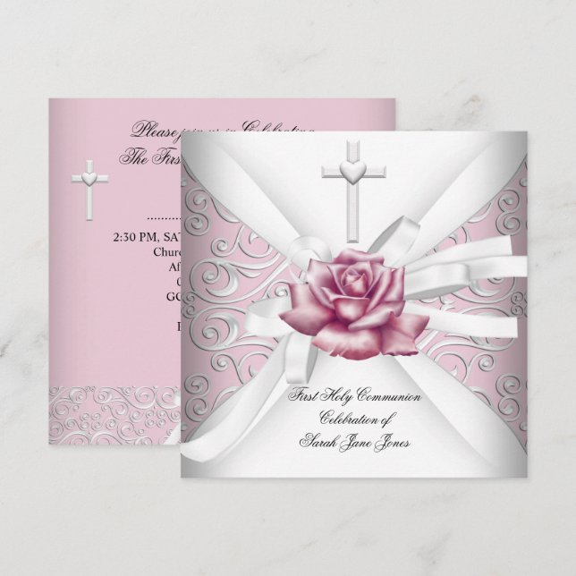 Invitation Première communion de fille damas rose blanc (Devant / Derrière)