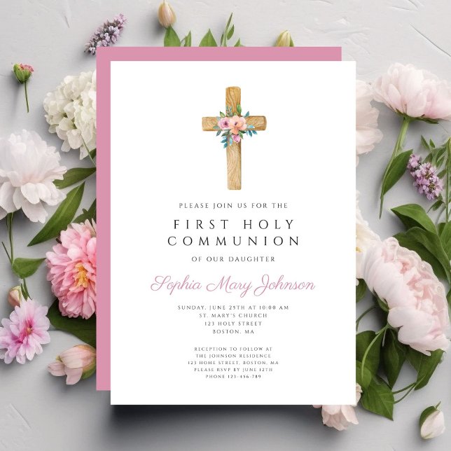 Invitation Première communion de fille de croix florale migno (Cute Floral Cross Girl First Communion Invitation)