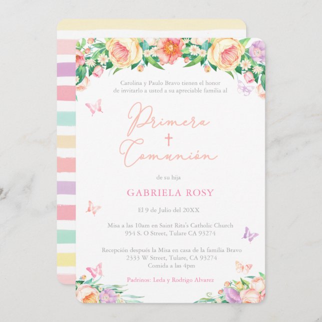 Invitation Première communion de fille en espagnol, Rose angl (Devant / Derrière)