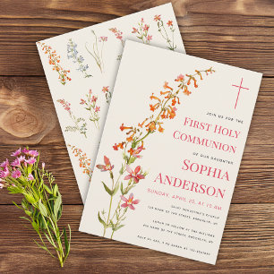 Invitation Première communion de fille fleurs aquarelle fleur