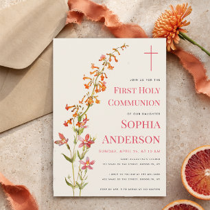 Invitation Première communion de fille fleurs aquarelle fleur