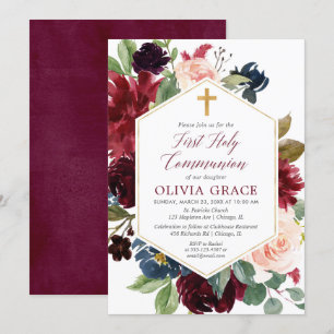 Invitation Première communion de fille marine rose rousse bor