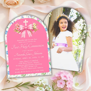 Invitation Première communion de fille rose à nœud fleur sauv