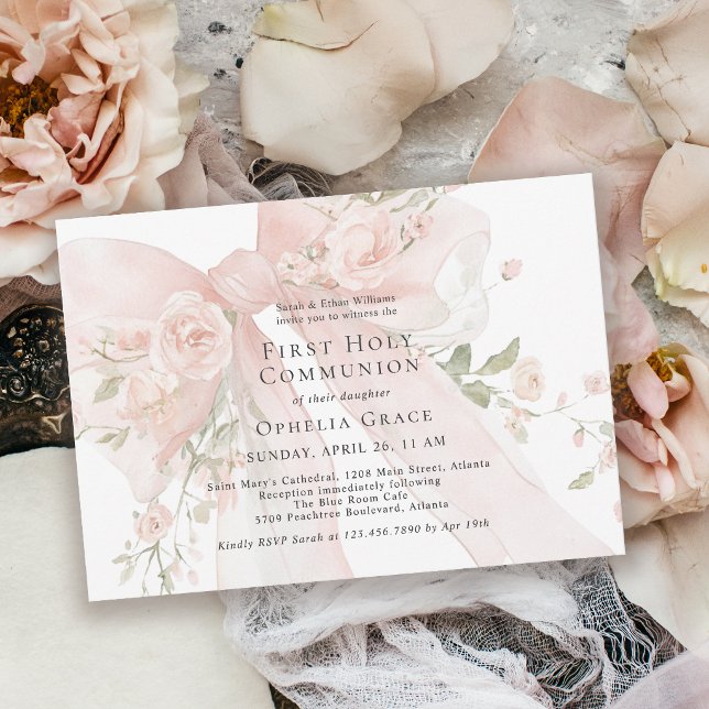 Invitation Première communion de fille rose floral bow (Invitation may be ordered in both printed and instant download digital formats.)