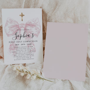 Invitation Première communion de fille rose toile bow croix