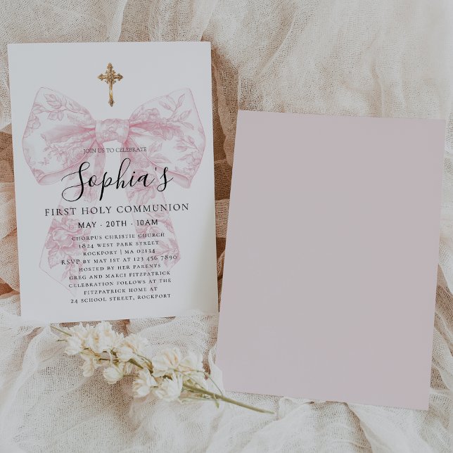 Invitation Première communion de fille rose toile bow croix  (Créateur téléchargé)