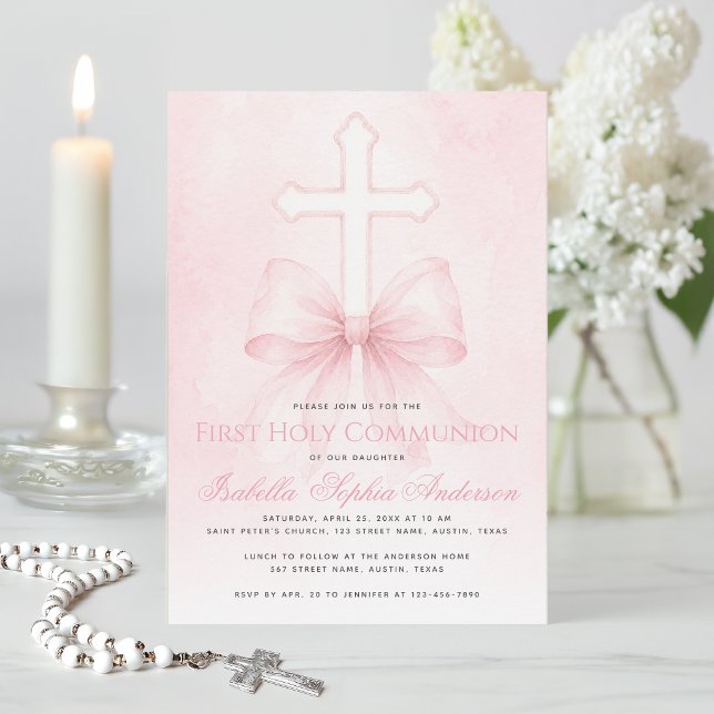 Invitation Première communion de fille Ruban rose sur Croix A (Créateur téléchargé)