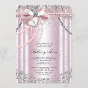 Invitation Première communion de filles rose et gris perle