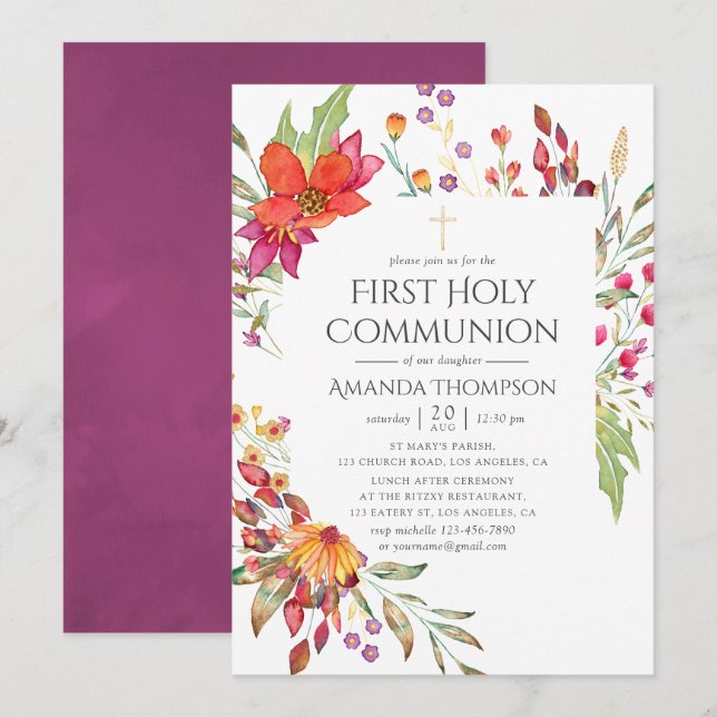 Invitation Première communion de fleur sauvage à l'aquarelle (Devant / Derrière)