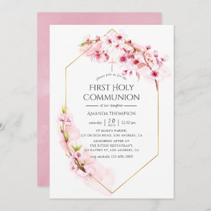 Invitation Première communion de fleurs de cerisier rose géom