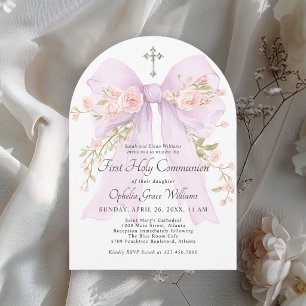 Invitation Première communion de jeune fille, nœud floral lil