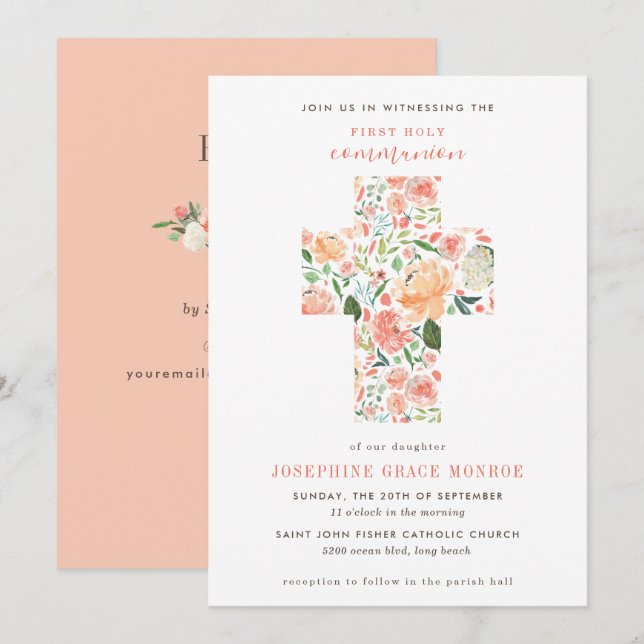 Invitation Première communion de la chair florale moderne (Devant / Derrière)