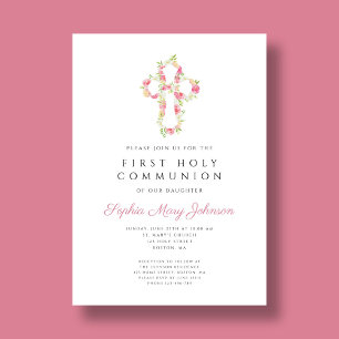 Invitation Première communion de la croix florale rose élégan