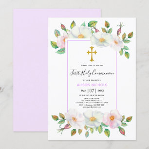 Invitation Première communion de lavande rose sauvage blanche