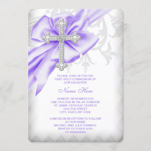 Invitation Première communion de Lavender Damask Cross