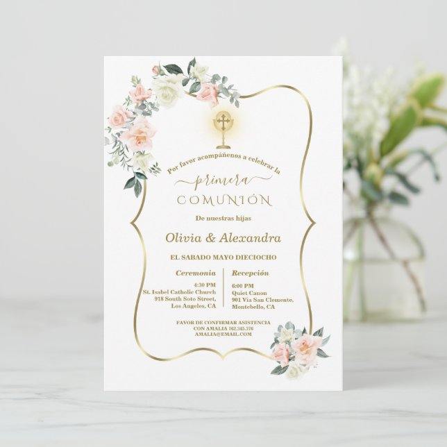 Invitation Première Communion de Luxe Filles Jumelles Sainte  (Debout devant)