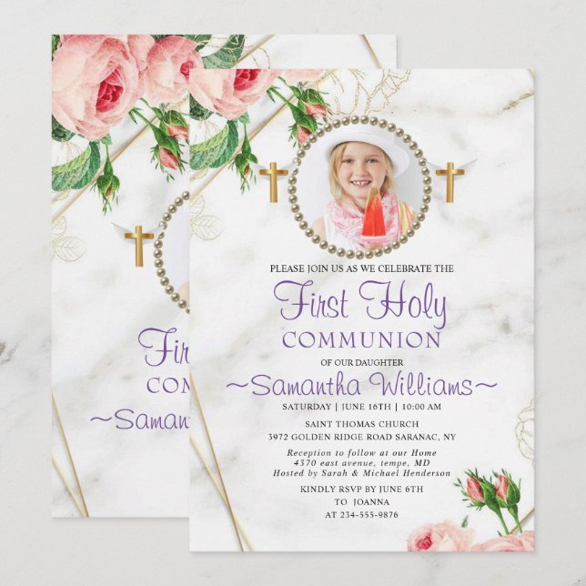 Invitation Première communion de marbre blanc rose élégant (Devant / Derrière)