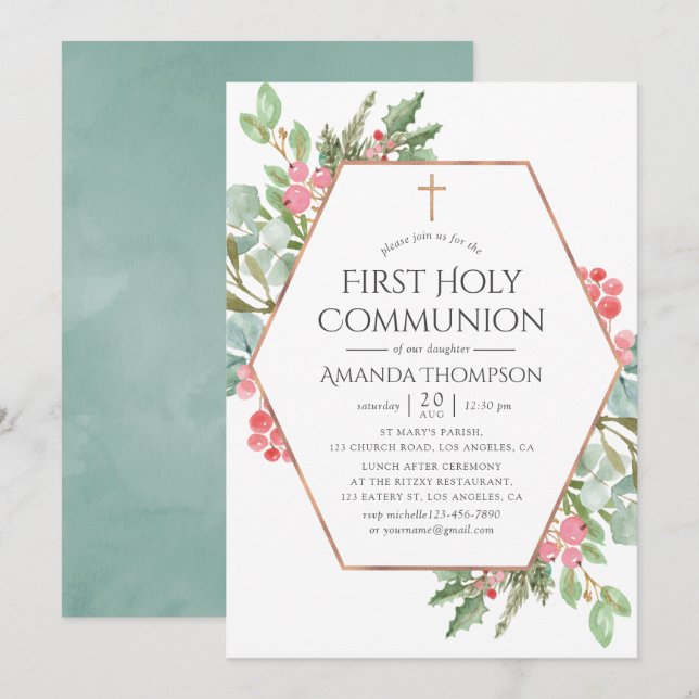 Invitation Première communion de Noël à la végétation géométr (Devant / Derrière)
