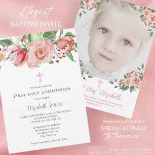 Invitation Première communion de photo rose florale pour fill