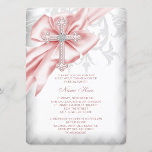 Invitation Première communion de Pink Damask Cross