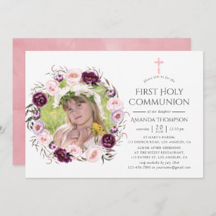Invitation Première communion de velours profond et de fleurs