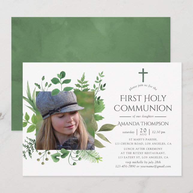 Invitation Première communion de verdure de forêt à l'aquarel (Devant / Derrière)