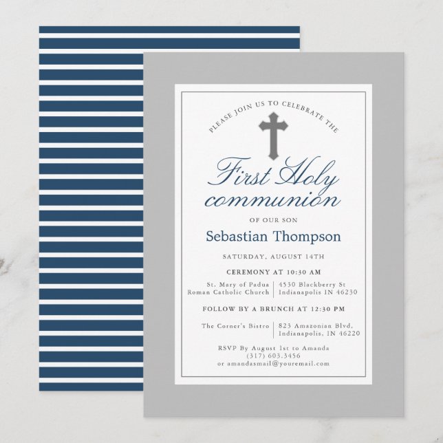 Invitation Première communion d'élégante marine et rayures bl (Devant / Derrière)