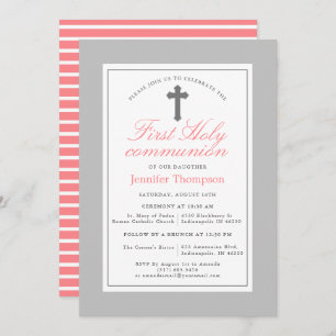 Invitation Première communion d'élégante rayures rose et gris